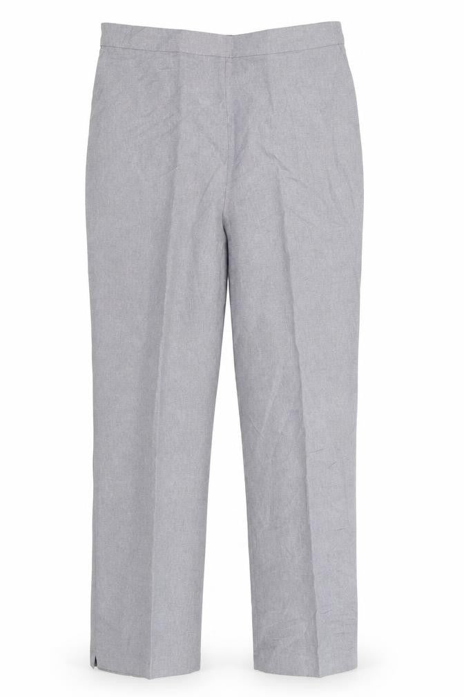 Front view of Preworn women’s grey trousers, size UK 14, 28-inch leg