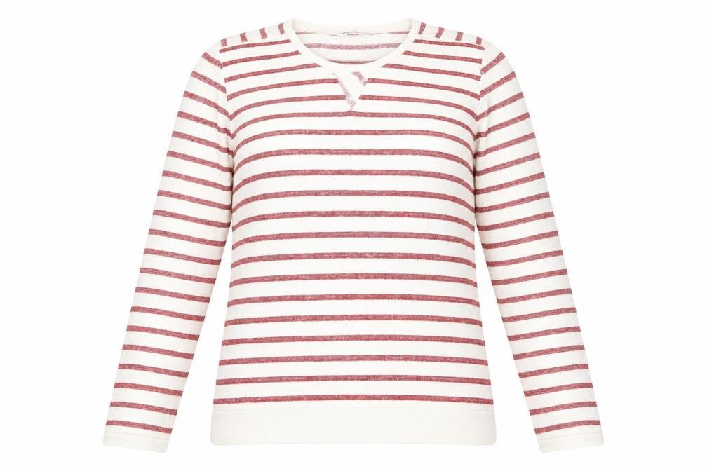 Front view of Marks & Spencer women’s white striped jumper, size UK 14