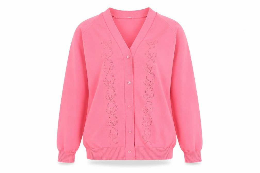 Front view of Celebrity women’s orange cardigan jumper, size M