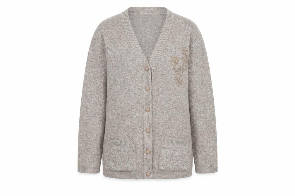 Front view of CARE women’s beige cardigan jumper, size L