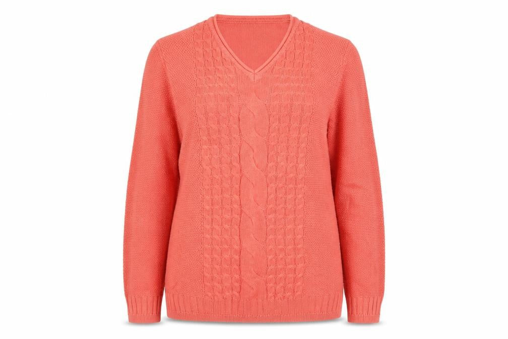 Front view of Isle women’s orange argyle/diamond jumper, size M