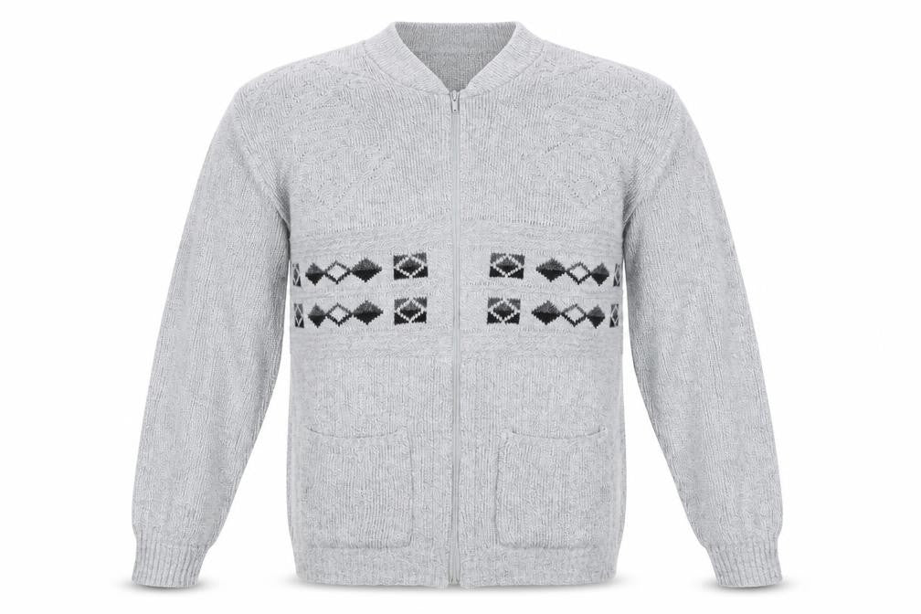 Front view of Menswear men’s grey argyle/diamond full zip sweatshirt, size M