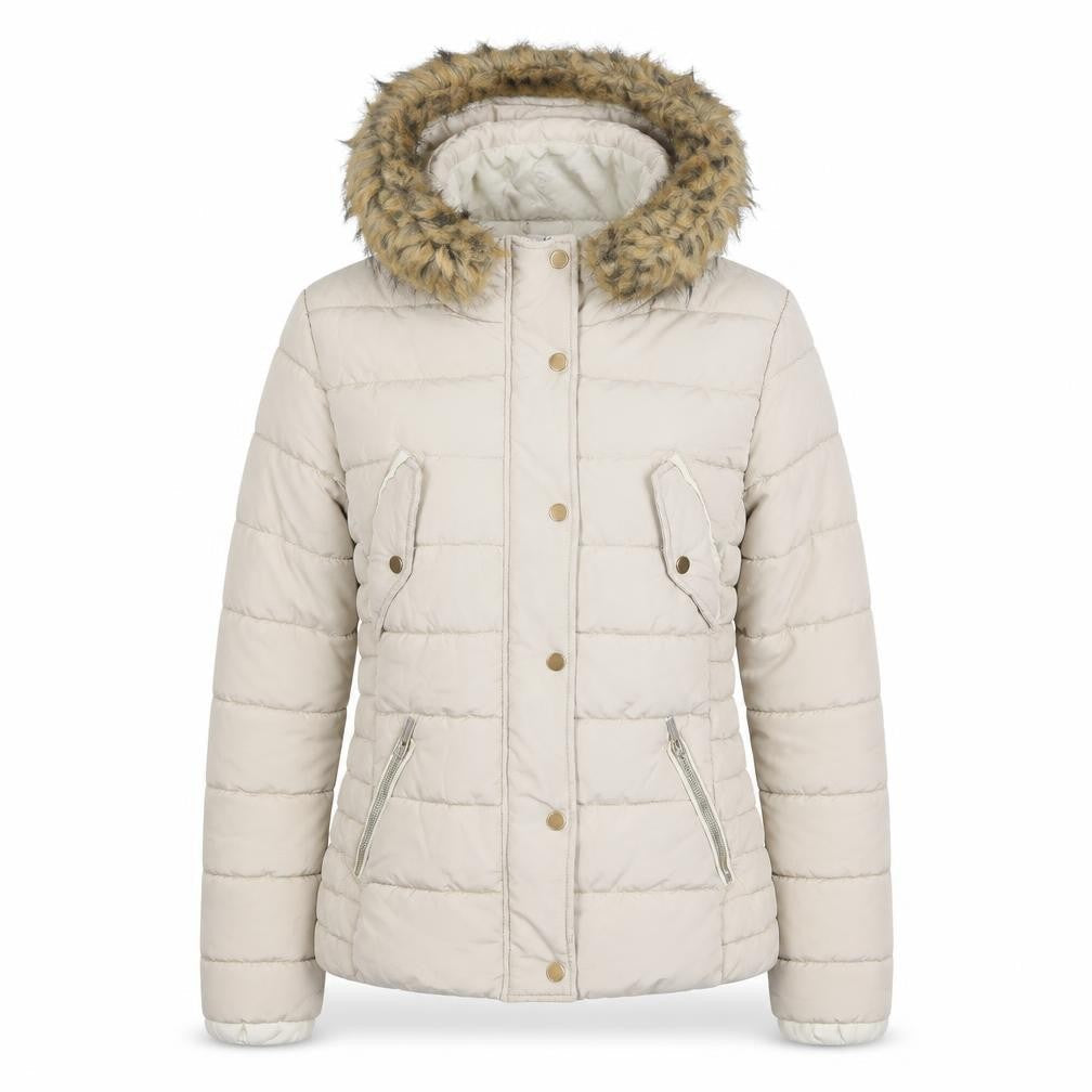 Front view of H&M women’s ivory puffer jacket jacket, size UK 38