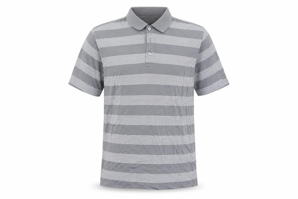 Front view of Colin Montgomerie men’s grey striped polo, size L