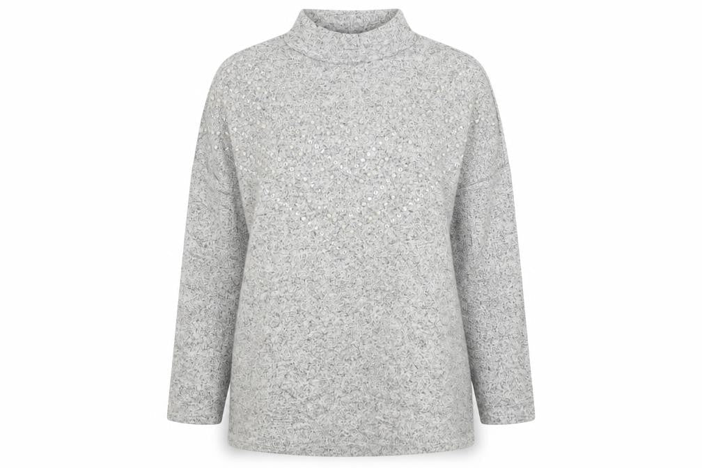 Front view of Select women’s grey striped knit jumper, size M