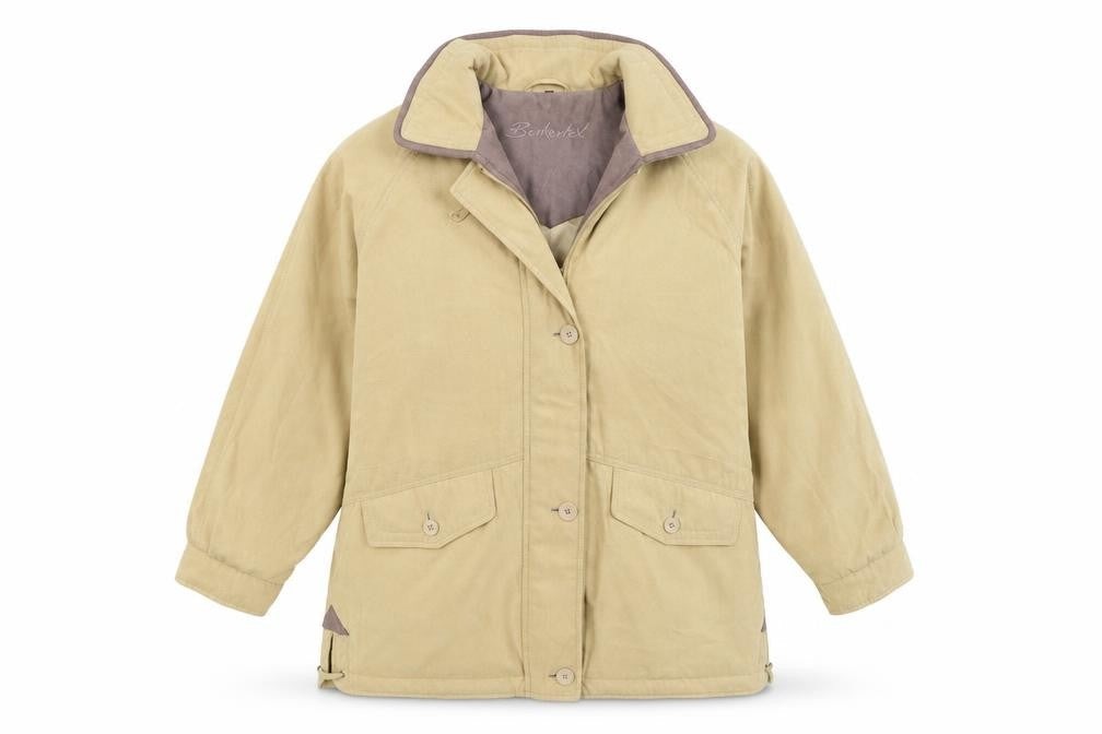 Front view of beketex women’s beige velour pea coat coat, size UK 14, - faux suede