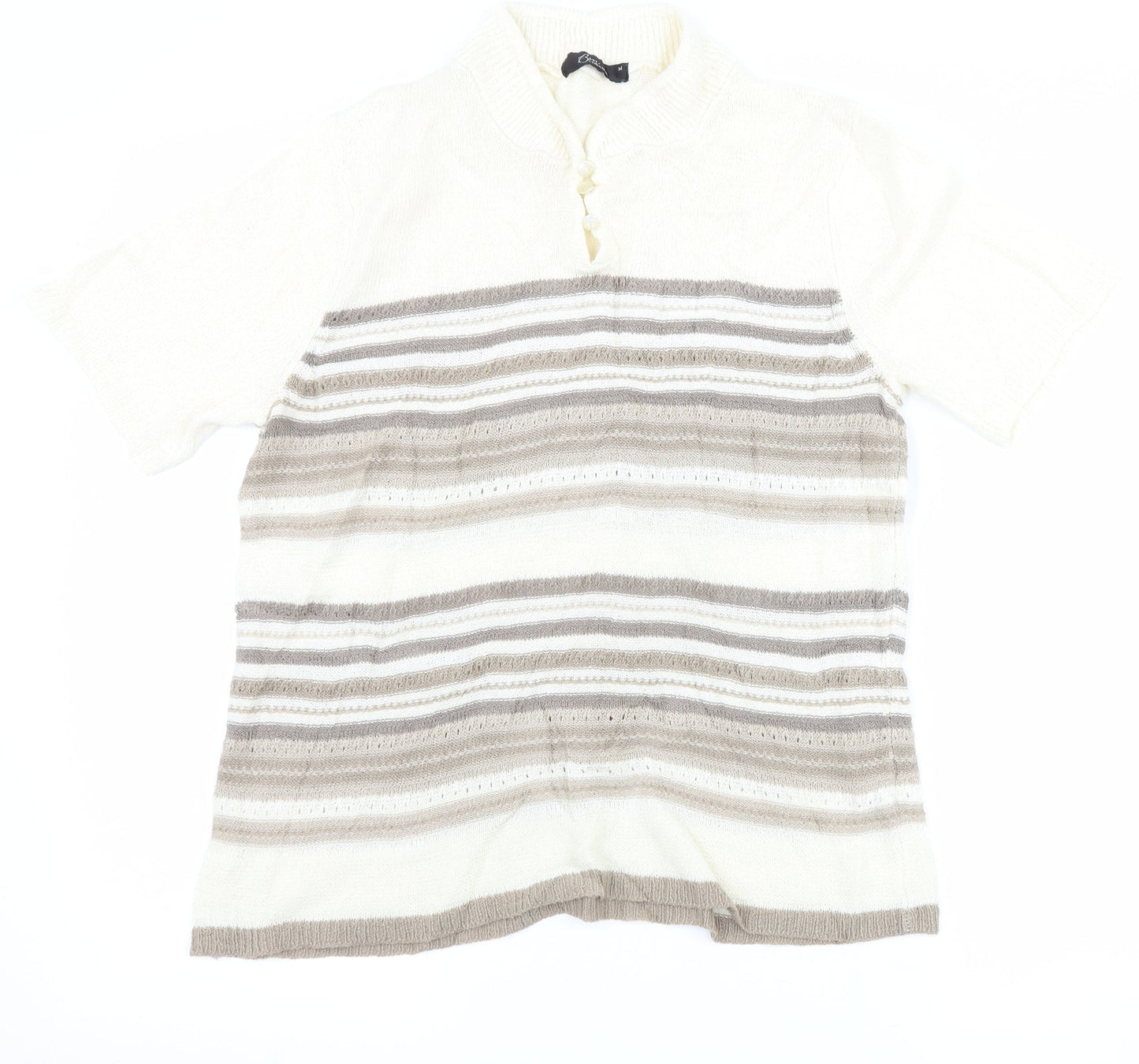 BM Collection Womens Ivory Striped  Basic T-Shirt Size M