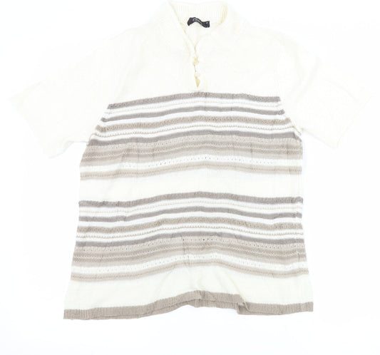 BM Collection Womens Ivory Striped  Basic T-Shirt Size M
