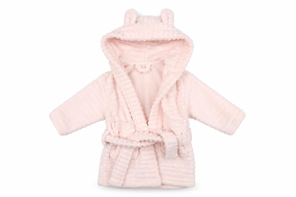 Front view of Next girls’ pink fleece kimono robe, size 9-12, months