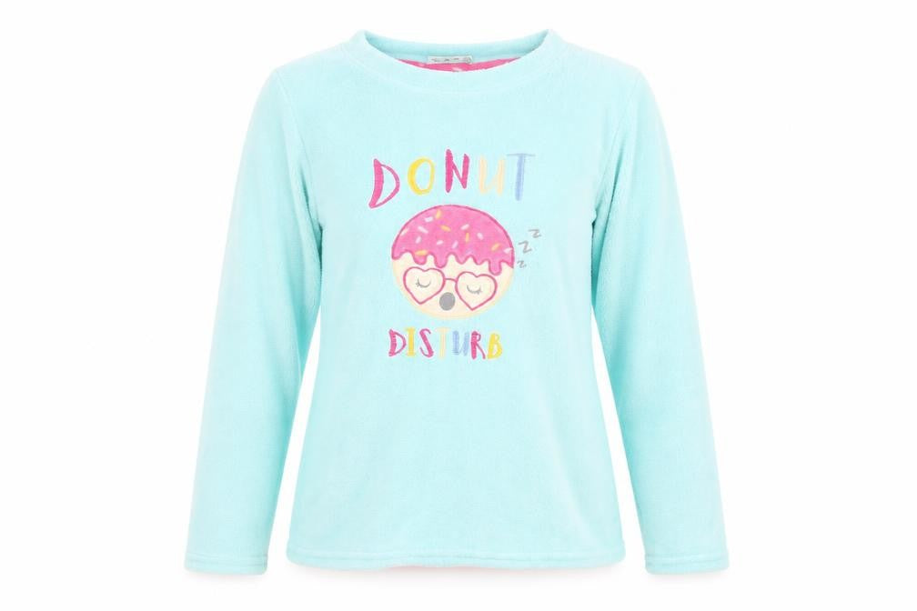 Front view of just like you women’s blue fleece top pyjama top, size M, - donut disturb