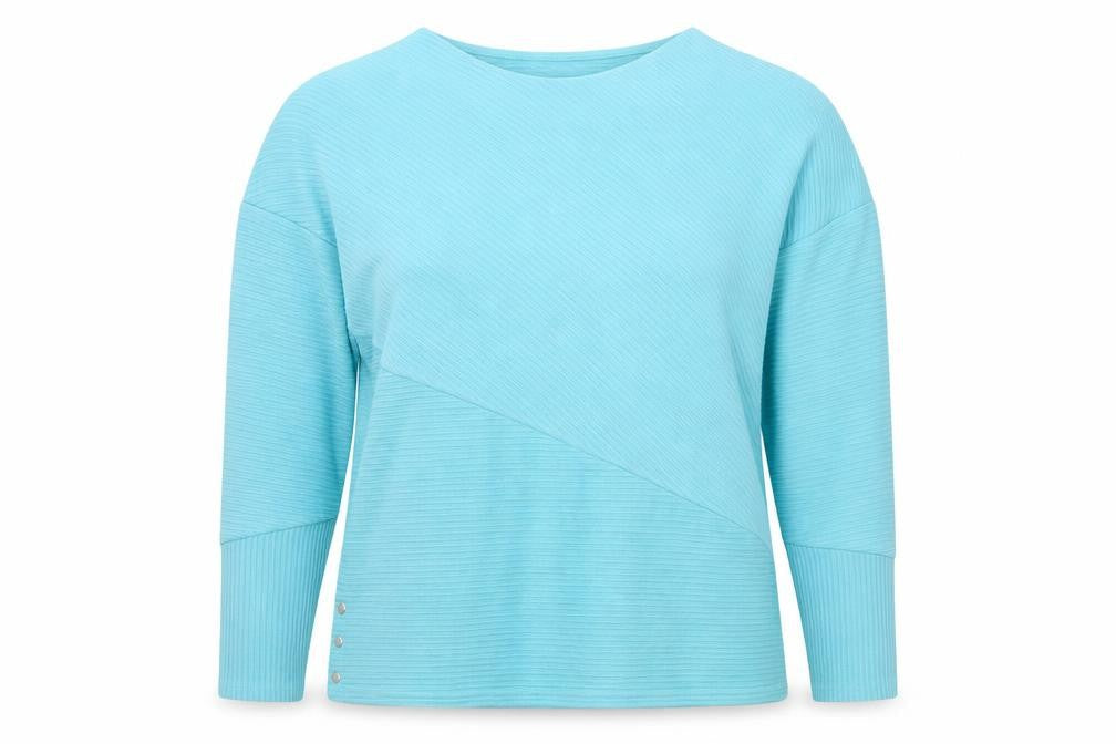 Front view of Bonmarché women’s blue knit jumper, size UK 14