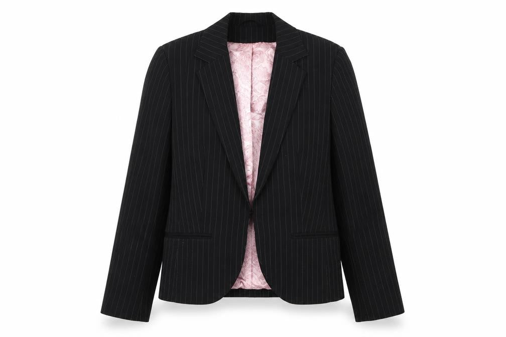 Front view of Dorothy Perkins women’s black striped jacket suit jacket, size UK 10