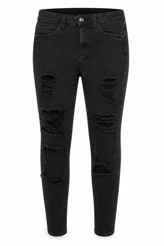 Front view of Denim Co women’s black denim skinny jeans, size UK 10, 26-inch leg - heavily distressed