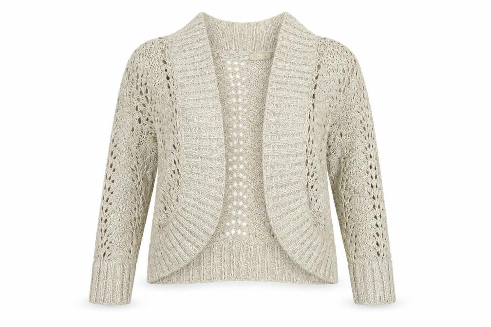 Front view of Tuq women’s beige knit cardigan jumper, size UK 16
