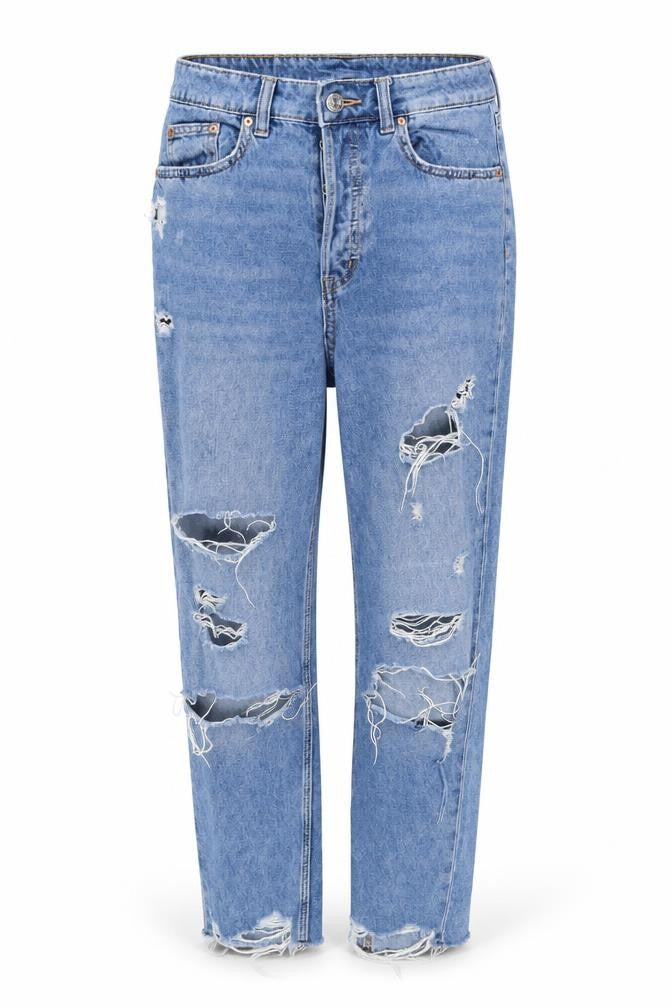 Front view of H&M women’s blue straight jeans, size UK 8, 25-inch leg
