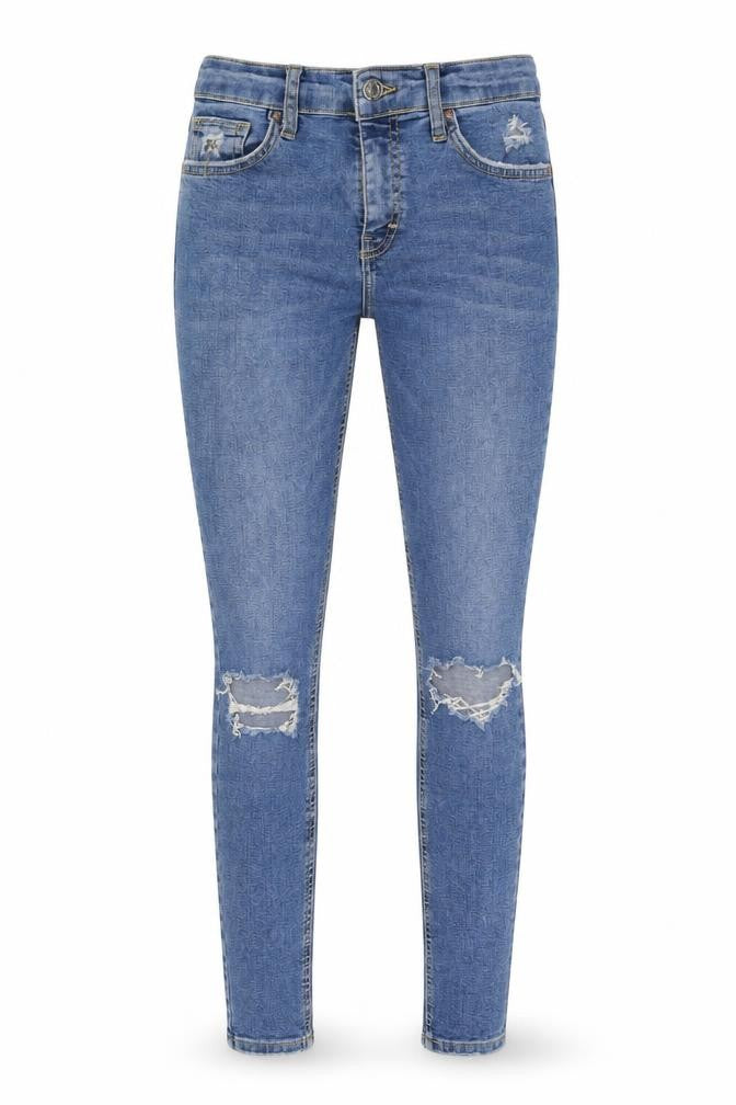 Front view of Topshop women’s blue skinny jeans, size UK 28, in, 31.5-inch leg