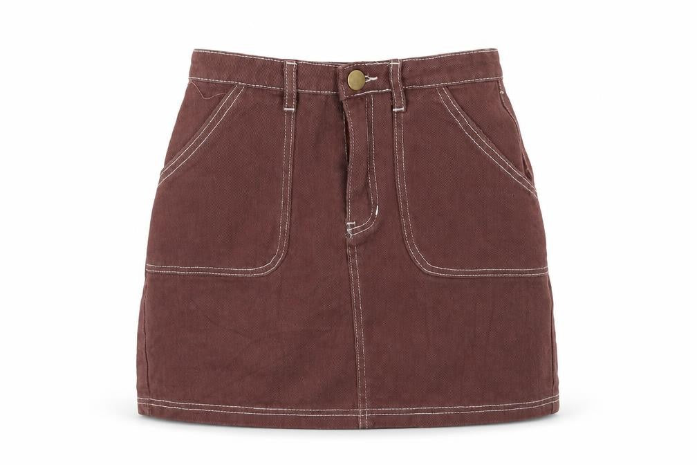 Front view of Boohoo women’s brown a-line skirt, size UK 8