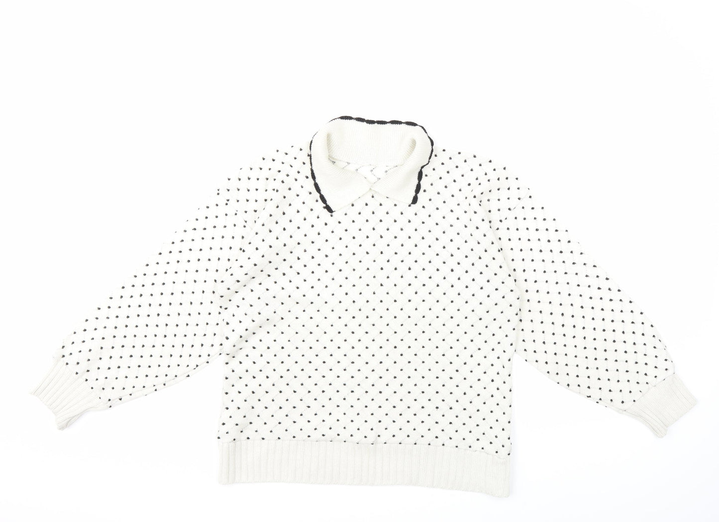 Preworn Womens White Polka Dot Knit Pullover Jumper Size L