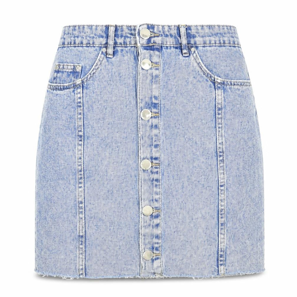Front view of H&M women’s blue a-line skirt, size UK 10