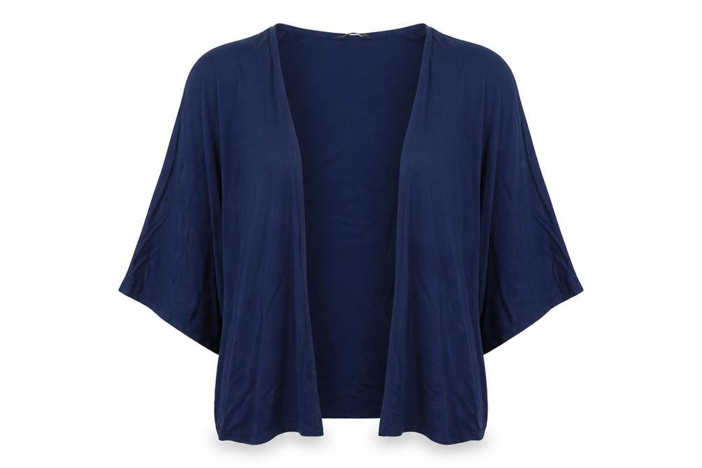 Front view of Marks & Spencer women’s blue jersey cardigan jumper, size UK 10