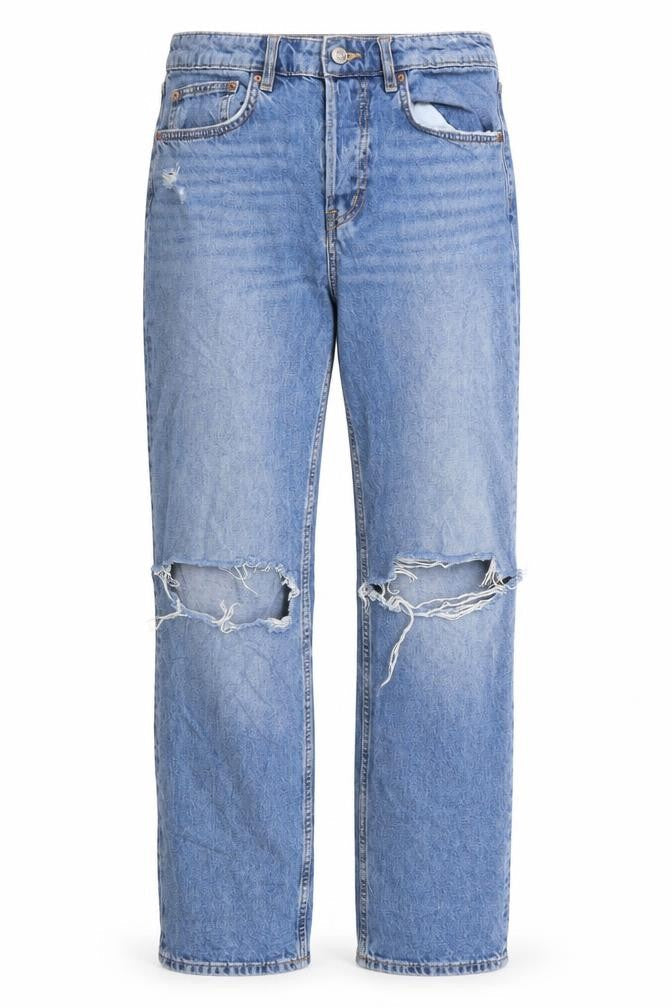 Front view of H&M women’s blue denim straight jeans, size UK 8, 30-inch leg
