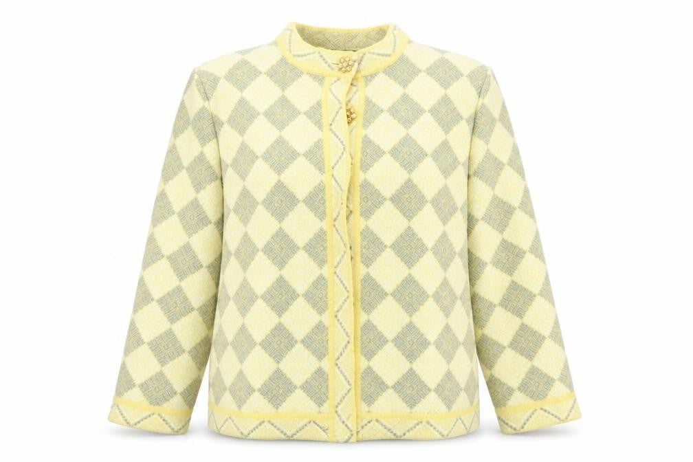 Front view of Bermonde women’s yellow jacket blazer, size UK 14