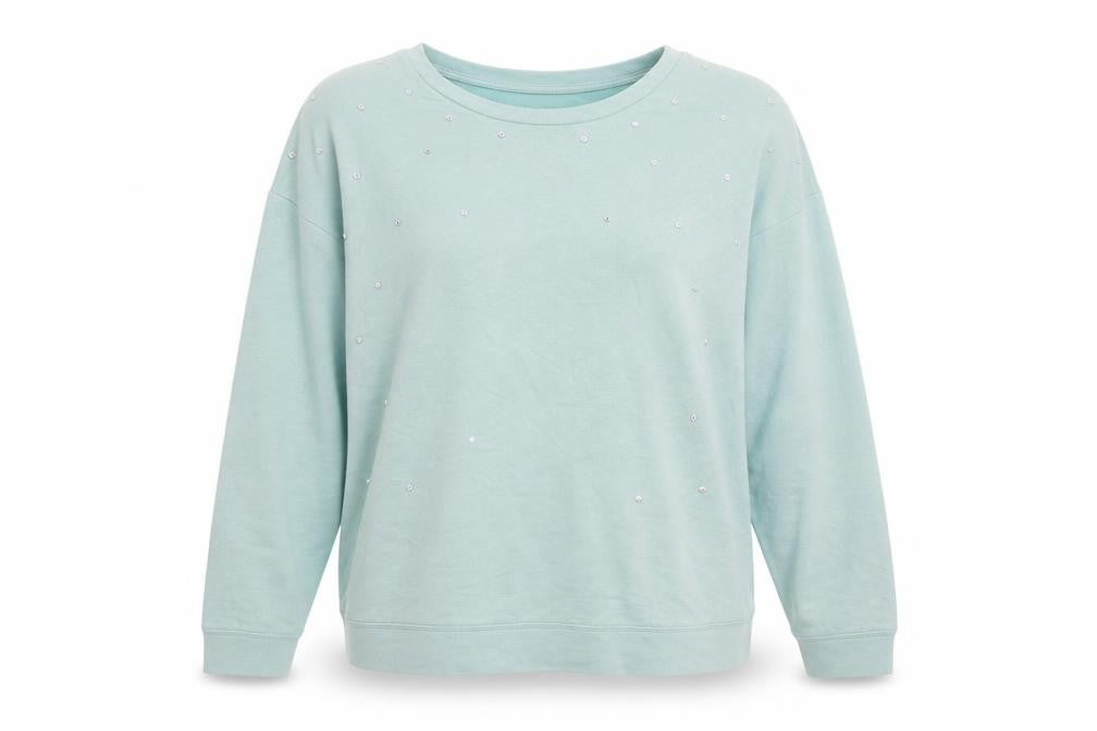 Front view of Bonmarché women’s green pullover sweatshirt, size UK 12