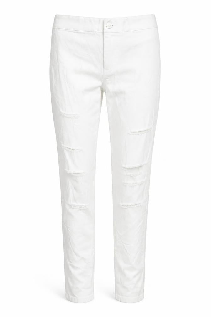 Front view of Topshop women’s white skinny jeans, size UK 28, in, 32-inch leg - ripped distressed look