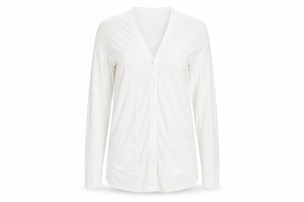 Front view of women’s white cardigan sweatshirt, size M