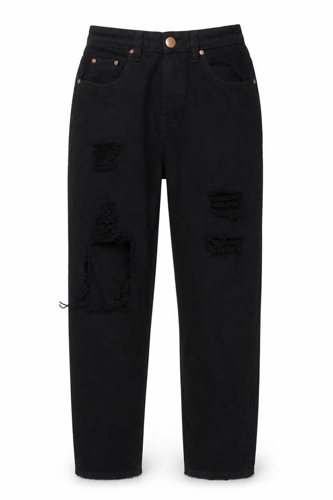 Front view of PRETTYLITTLETHING women’s black denim mom jeans, size UK 6, 30-inch leg - distressed hems