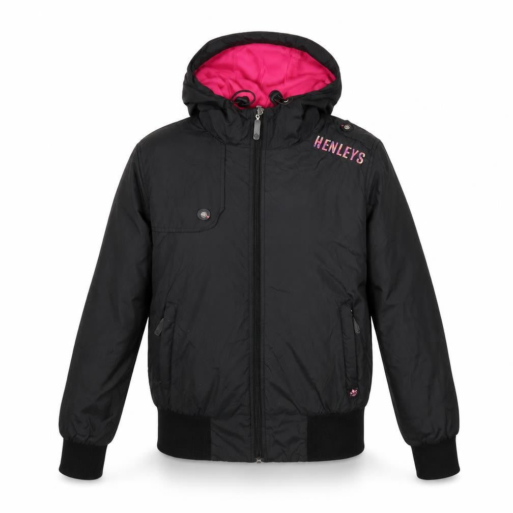 Front view of Henleys women’s black varsity jacket coat one size -, size UK 1