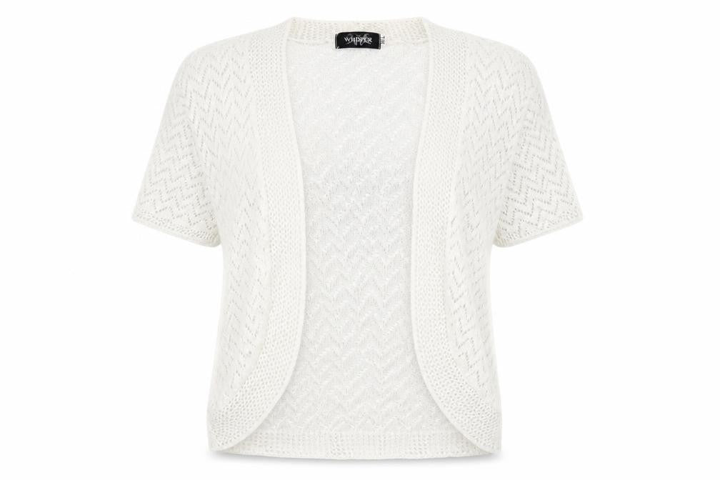 Front view of Whisper women’s white knit shrug jumper, size M