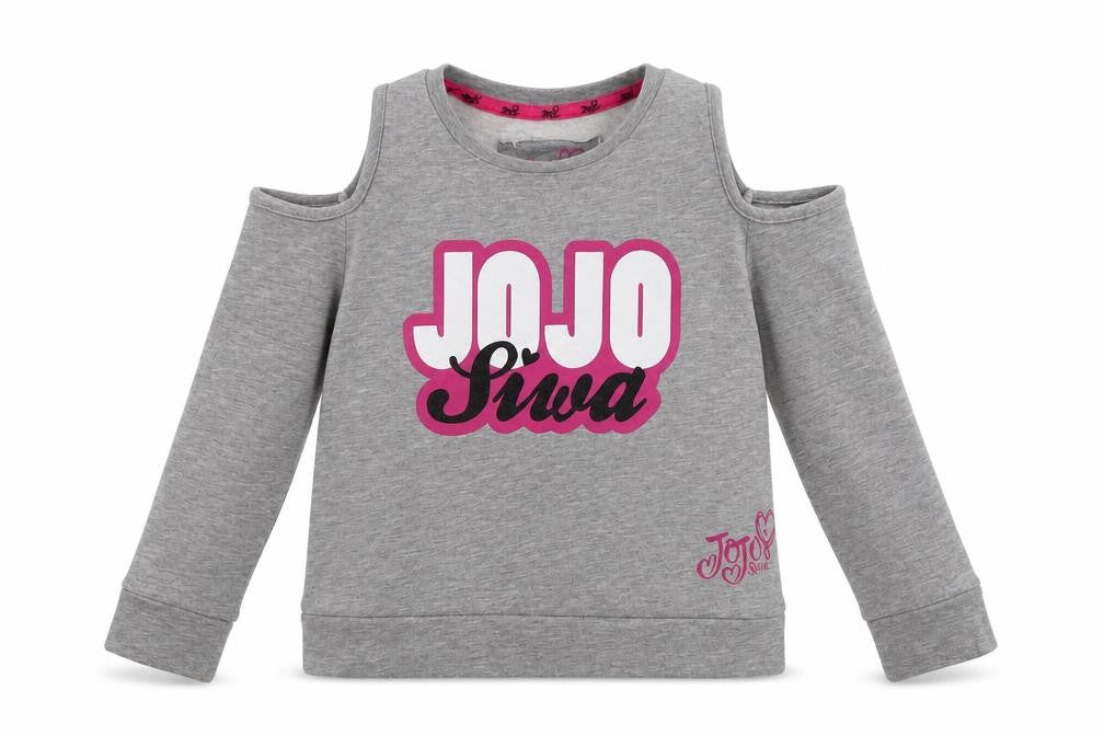 Front view of Jojo Silva girls’ grey pullover sweatshirt, size 8-9, years - cold shoulder