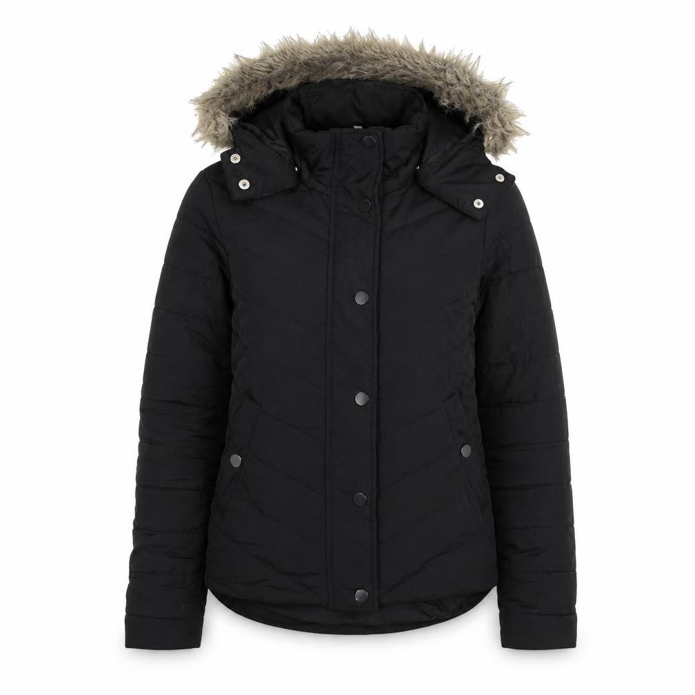 Front view of Avenue women’s black quilted jacket, size UK 8
