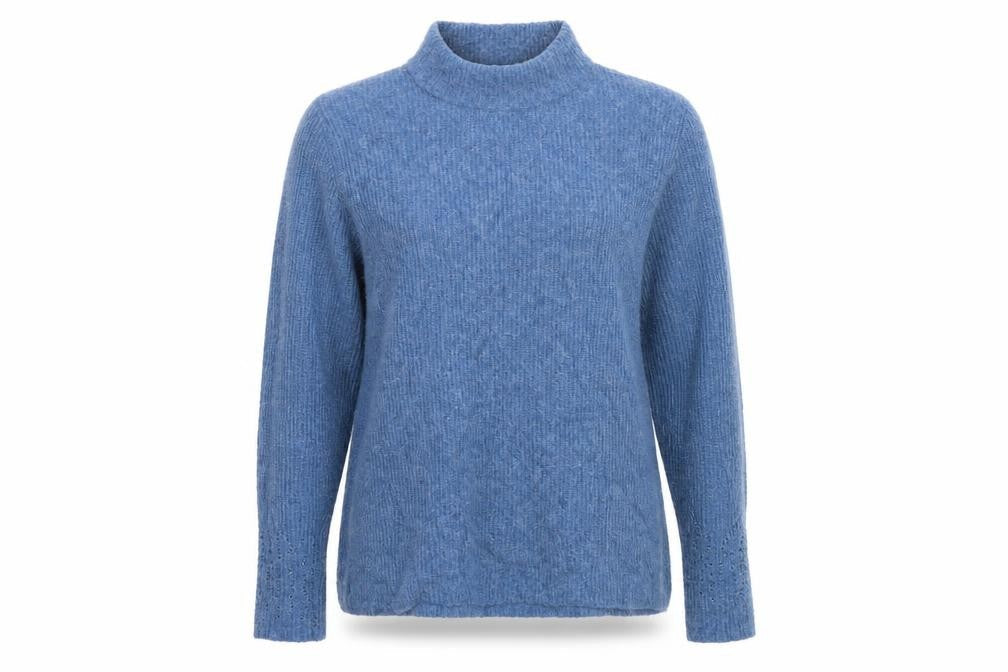 Front view of Fat Cat women’s blue jumper, size UK 16