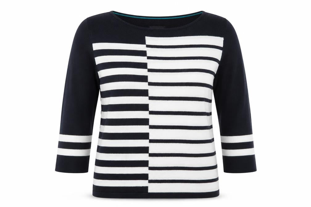 Front view of Per Una women’s blue striped jumper, size UK 14