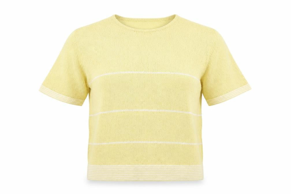 Front view of Bonmarché women’s yellow striped basic t-shirt, size M