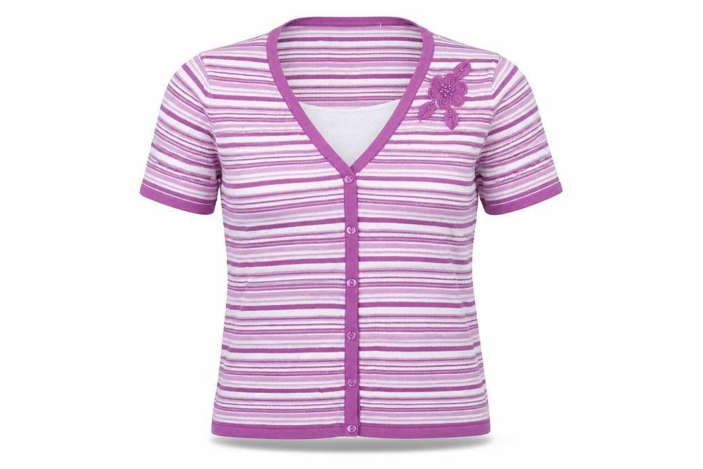 Front view of Bonmarché women’s purple striped jumper, size M