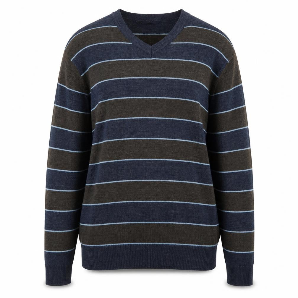Front view of M&Co women’s blue striped jumper, size L