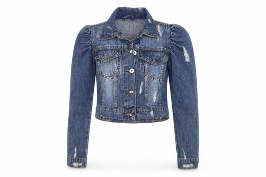 Front view of Giselle women’s blue denim jacket, size UK 4