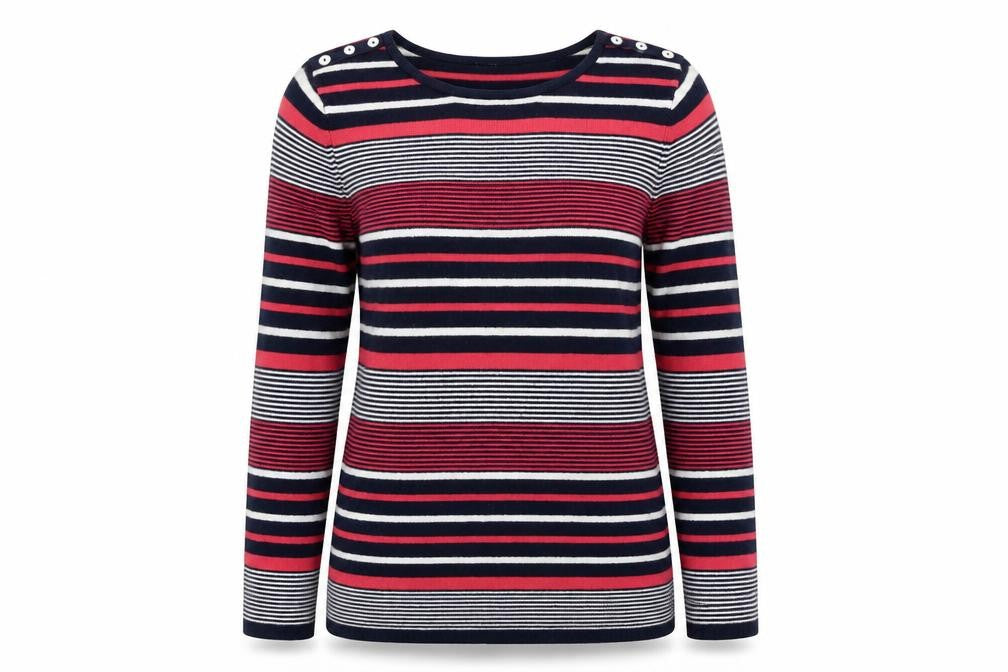 Front view of Love Knitwear women’s red striped jumper, size UK 10