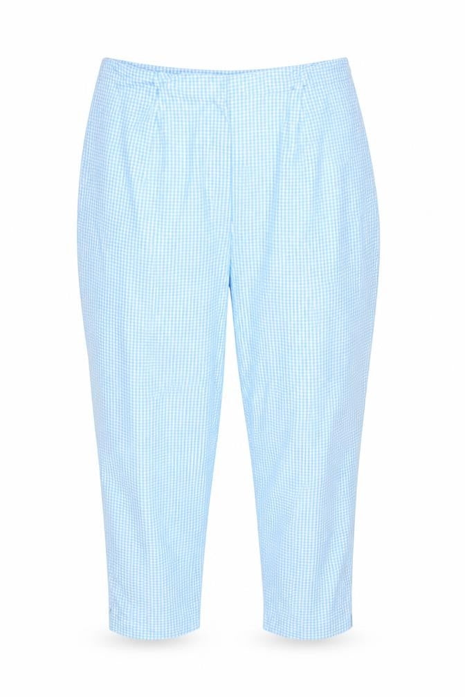 Front view of Joie De Vivre women’s blue check cropped trousers, size UK 18, 23-inch leg