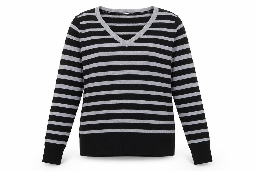 Front view of BHS women’s grey striped knit jumper, size UK 10