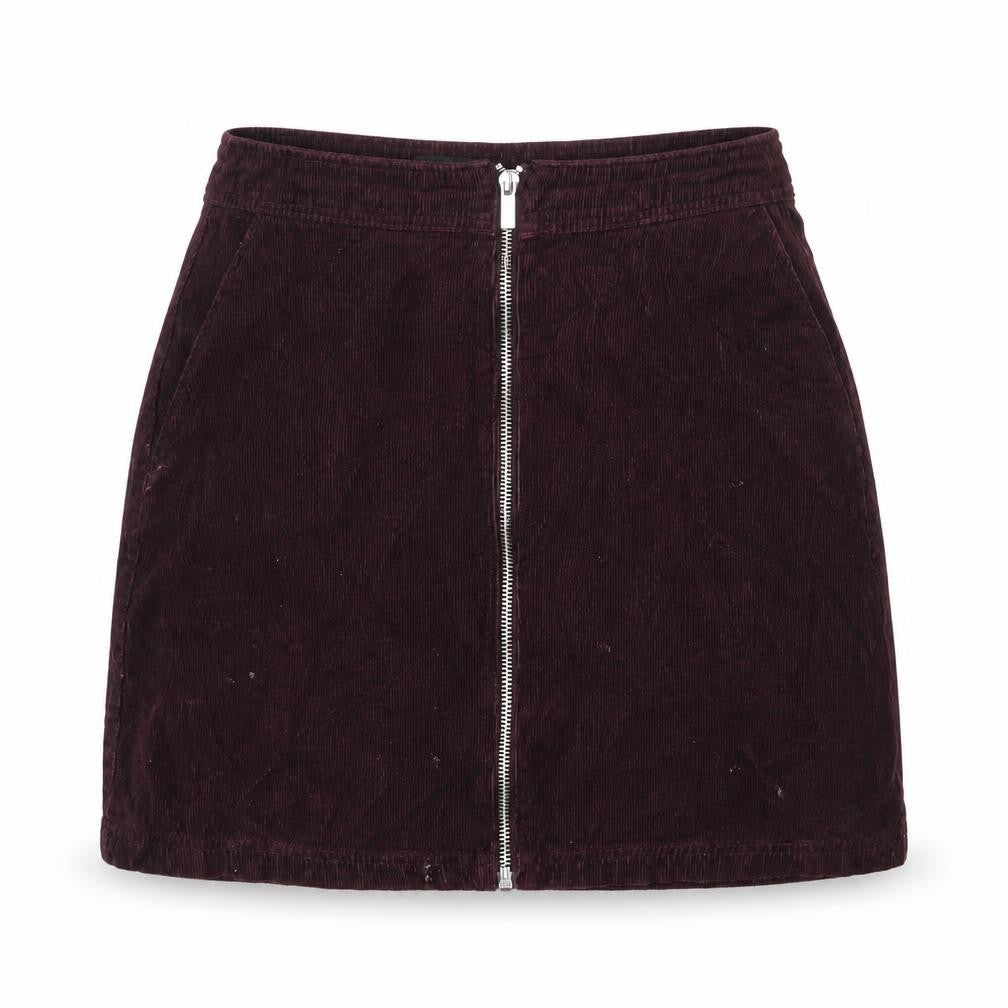 Front view of New Look women’s purple corduroy a-line skirt, size UK 6