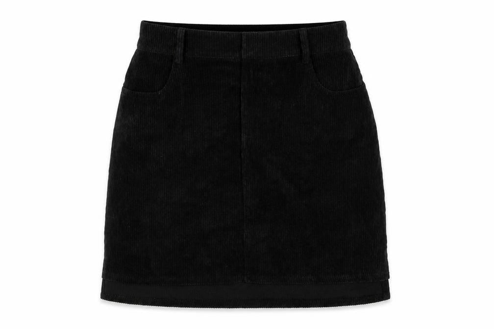Front view of Boohoo women’s black corduroy a-line skirt, size UK 8