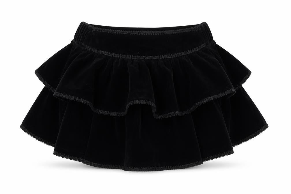 Front view of St Michael girls’ black corduroy flare skirt, size 2, years