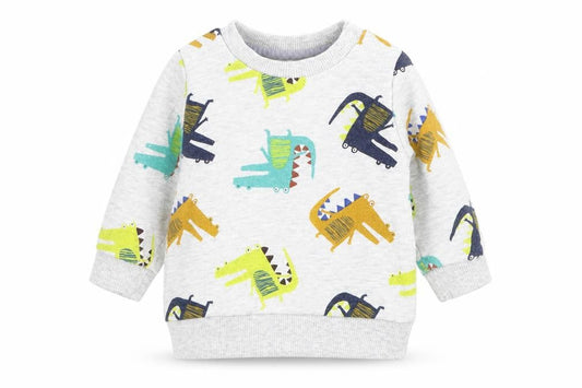 Front view of F&F boys’ grey geometric knit jumper, size 0-3, months - dinosaur