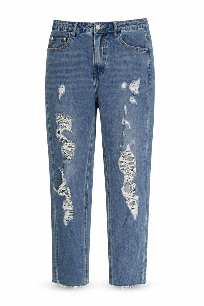 Front view of Riot women’s blue denim mom jeans, size UK 10, 29-inch leg