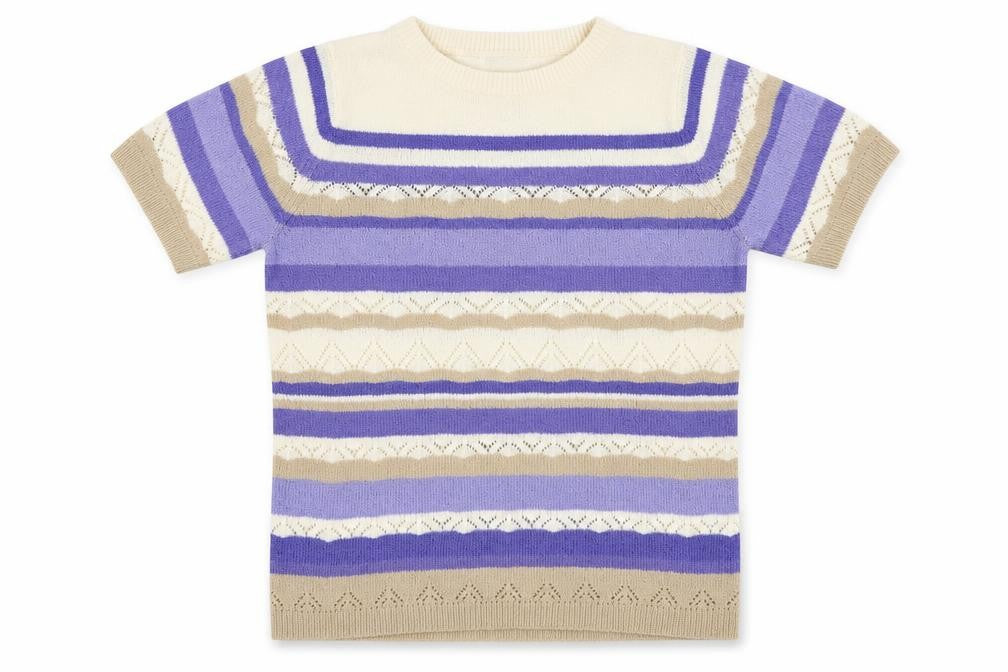 Front view of Bonmarché women’s blue striped basic t-shirt, size S