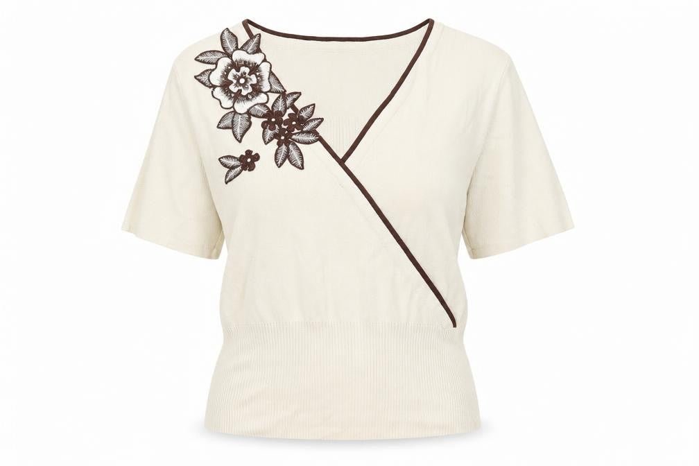 Front view of Sky Designs women’s beige basic t-shirt, size M, - flowers